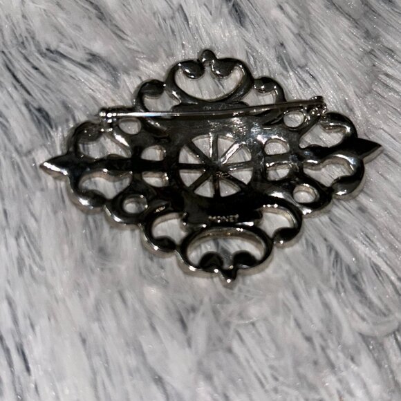 Vintage Monet Silver Tone Clear Rhinestone Lacy Filigree 2.75" Brooch - Picture 4 of 12